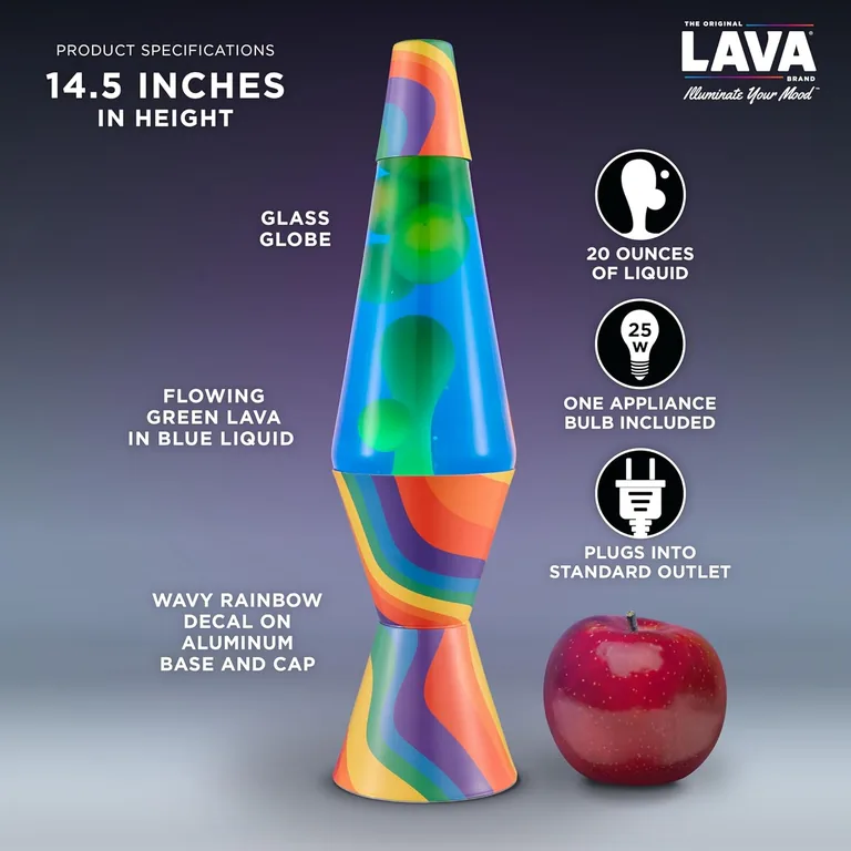 Warped Rainbow Lava Lite lamp — dimensions and included bulb
