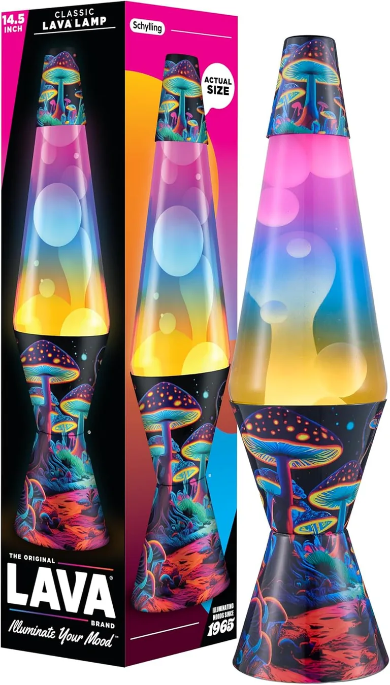 Trippy Shrooms Lava Lite lamp — lamp and packaging