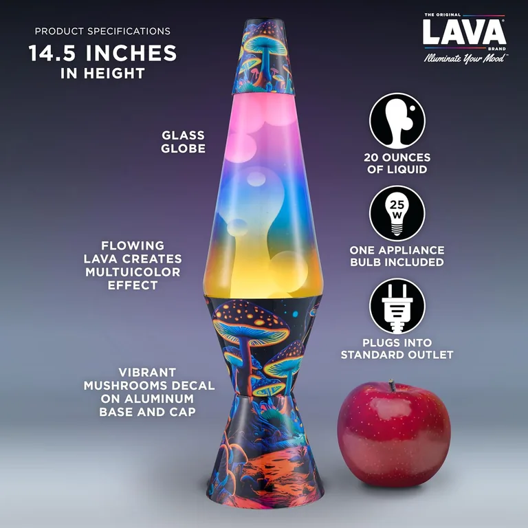 Trippy Shrooms Lava Lite lamp — dimensions and included bulb