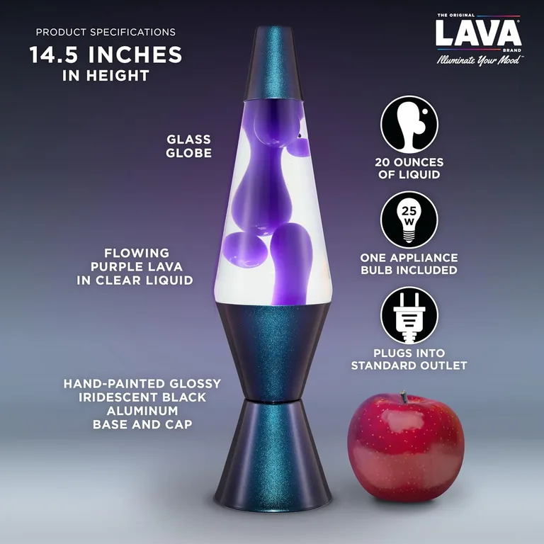 Black Iris Lava Lite lamp — dimensions and included bulb