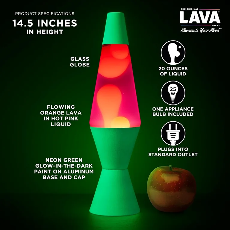 Neon Green Lava Lite lamp — dimensions and included bulb
