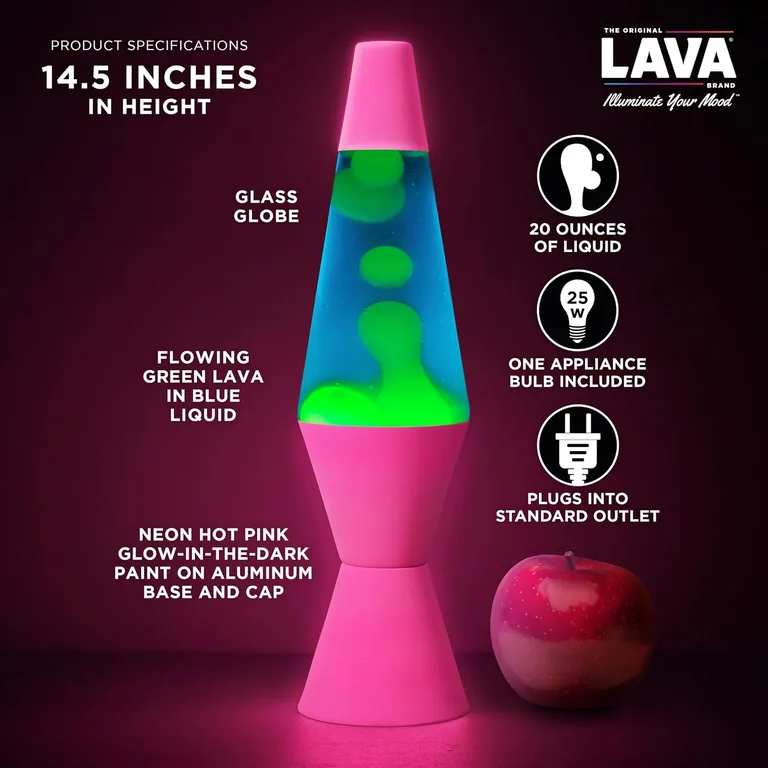 Neon Pink Lava Lite lamp — dimensions and included bulb