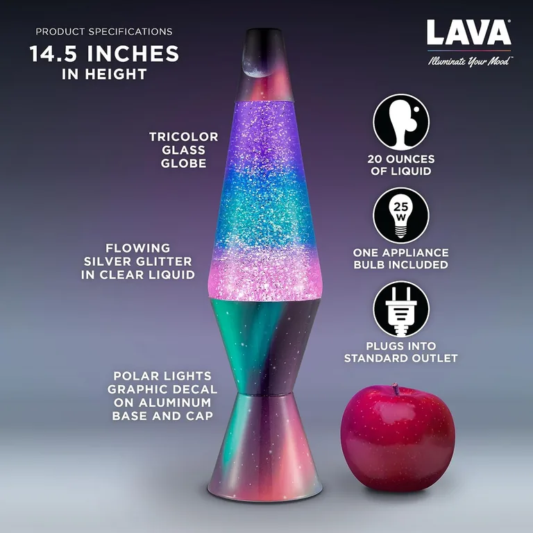 Polar Glimmer Lava Lite lamp — dimensions and included bulb